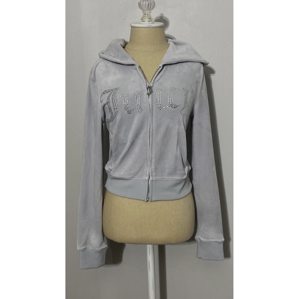 Juicy Couture Bling Front Womens Hoodie Ash Light Gray Full Zip Size Small